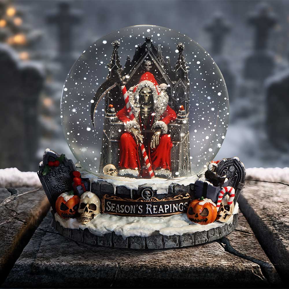 Nemesis Now Silent Nightmares Seasons Reapings snow globe featuring spooky, detailed winter scene with haunting elements inside.