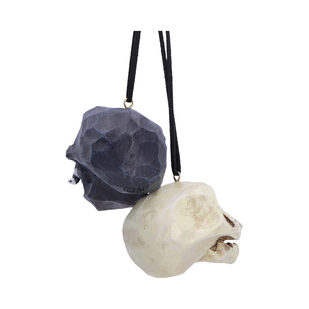 Set of two Grim and Grin hanging ornaments by Nemesis Now, featuring detailed 5.2cm spooky figurines hanging from strings.