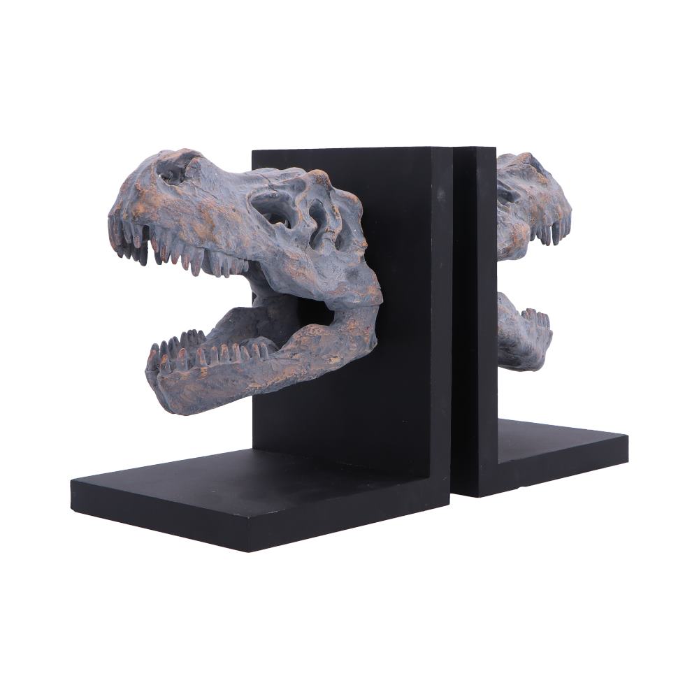 Nemesis Now T. Rex skull bookends, 17.1cm tall, featuring realistic dinosaur skull design for holding books in style.