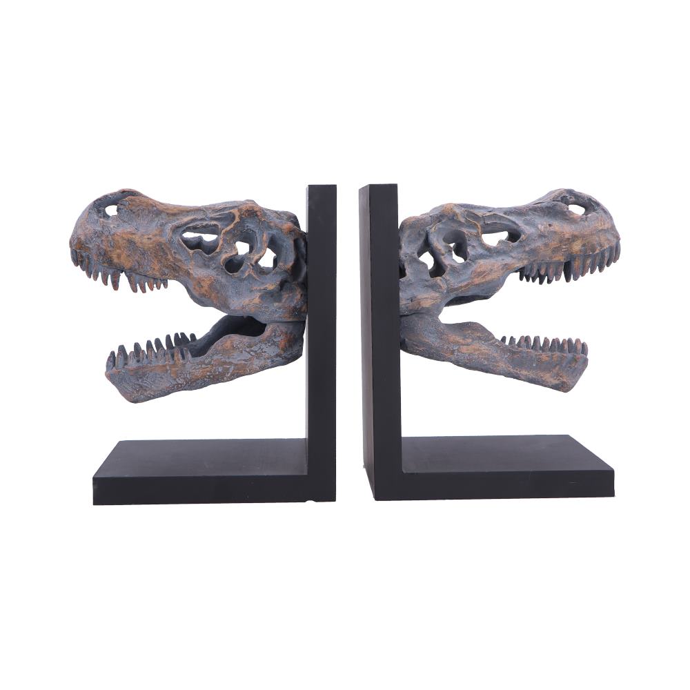 Nemesis Now Tyrannosaurus Rex skull bookends, 17.1cm tall, featuring detailed dinosaur skull designs for book organization and decor.