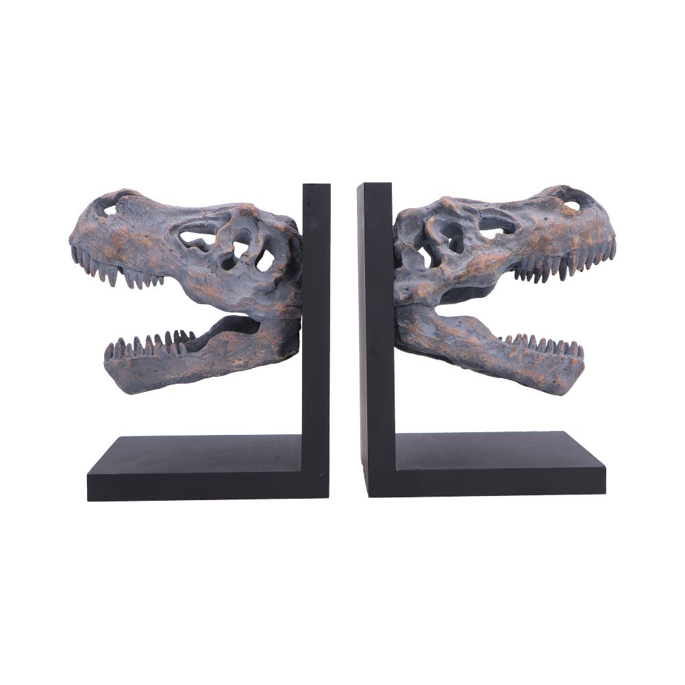Nemesis Now T. Rex skull bookends, 17.1cm tall, featuring detailed dinosaur skull design for sturdy book support and decorative display.
