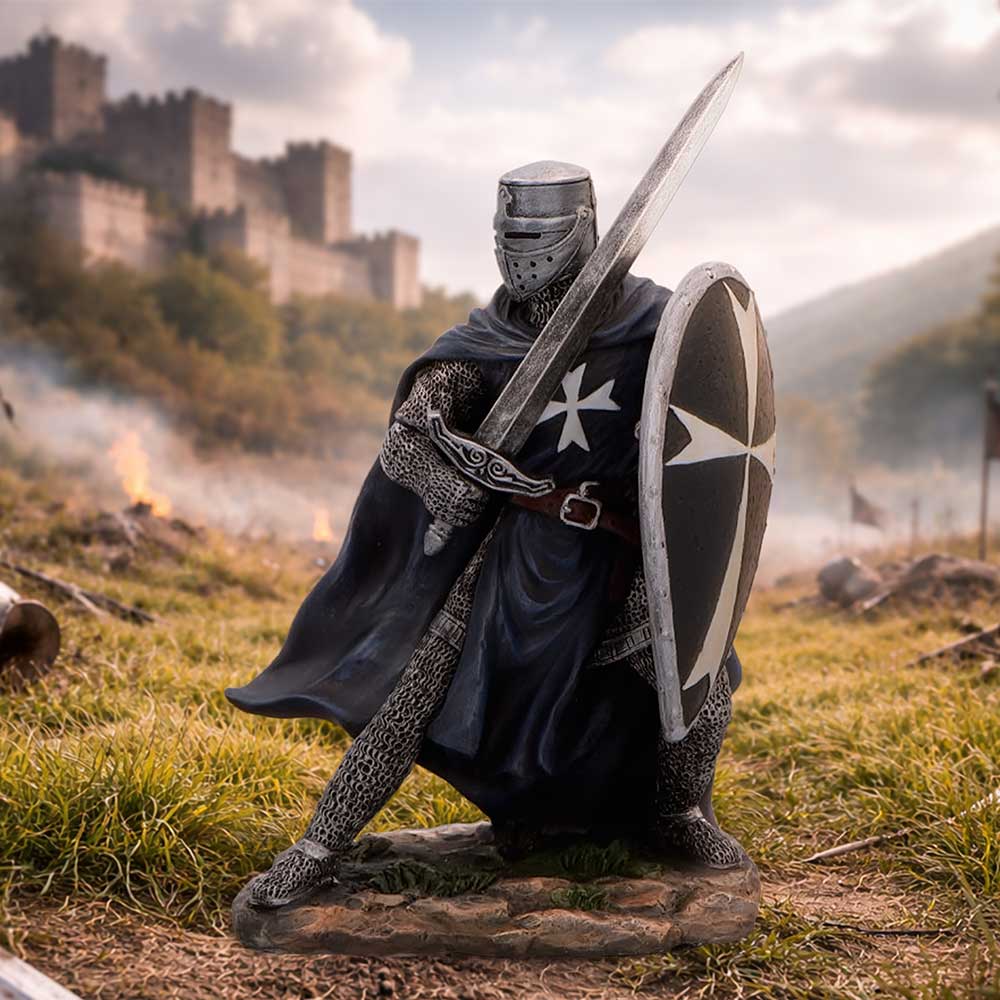 Knight Hospitaller figurine by Nemesis Now, 17.3cm tall, detailed medieval knight sculpture with armor and shield, collectible fantasy figure.