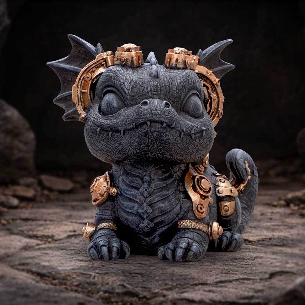 Black Gearling figurine by Nemesis Now, 14.6cm tall, detailed dragon sculpture with intricate features and textured surface.