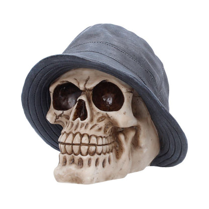 Nemesis Now Mad For It Bucket Hat Skull figurine, detailed ceramic sculpture with a miniature skull hat, 13.5cm tall.