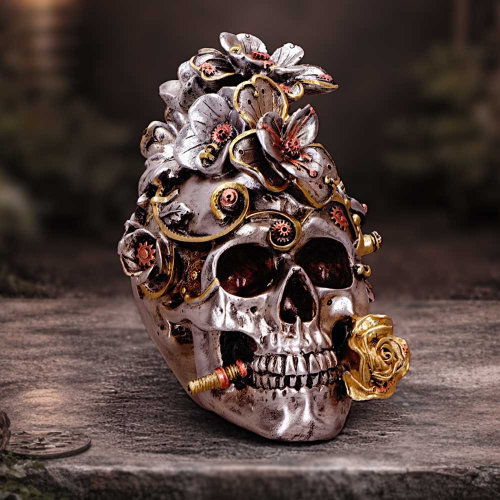 Silver Clockwork Bloom figurine by Nemesis Now featuring intricate clockwork and floral design, 16cm tall.