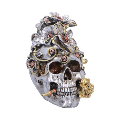 Silver Clockwork Bloom figurine by Nemesis Now featuring intricate clockwork flower design, 16cm tall, detailed craftsmanship.