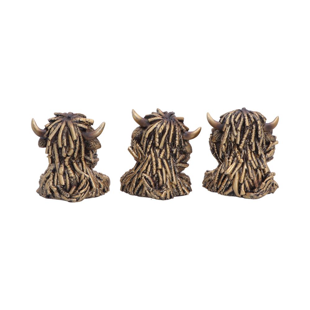 Nemesis Now Three Wise Gold Highland Cows figurine, 7.5cm tall, detailed gold-painted sculpture of Highland cows for home decor.