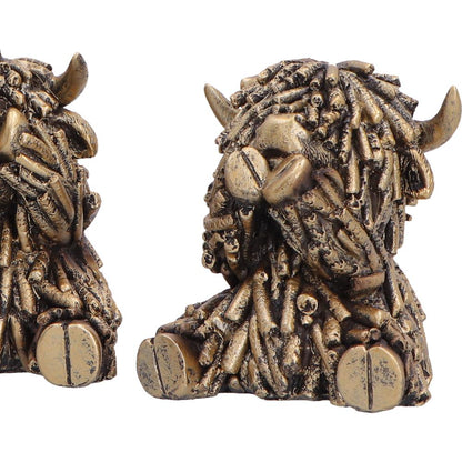 Nemesis Now Three Wise Gold Highland Cows figurine, 7.5cm, with detailed gold finish and Highland cow design.