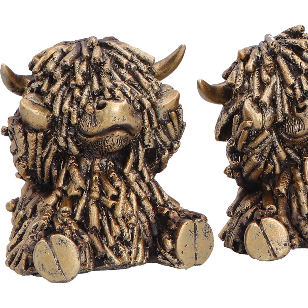 Nemesis Now Three Wise Gold Highland Cows figurine, 7.5cm, detailed gold-tone Highland cattle sculpture with intricate features.