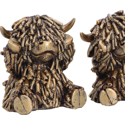 Nemesis Now Three Wise Gold Highland Cows figurine, 7.5cm, detailed gold-tone Highland cattle sculpture with intricate features.