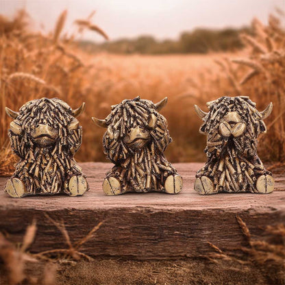 Three Wise Gold Highland Cows figurine by Nemesis Now, 7.5cm tall, detailed gold-painted collectible sculpture.