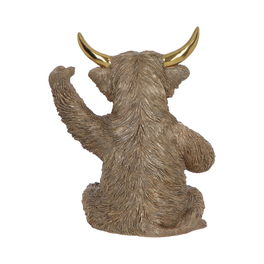 Gold Highland Cow wine bottle holder by Nemesis Now, 26.8cm tall, featuring a detailed Highland cow design for decorative wine storage.
