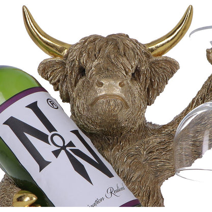 Gold Highland Cow wine bottle holder by Nemesis Now featuring a detailed Highland Cow sculpture, 26.8cm tall.
