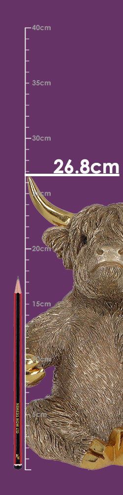 Gold Highland Cow wine bottle holder by Nemesis Now, 26.8cm tall, featuring a detailed highland cow design for stylish wine storage.