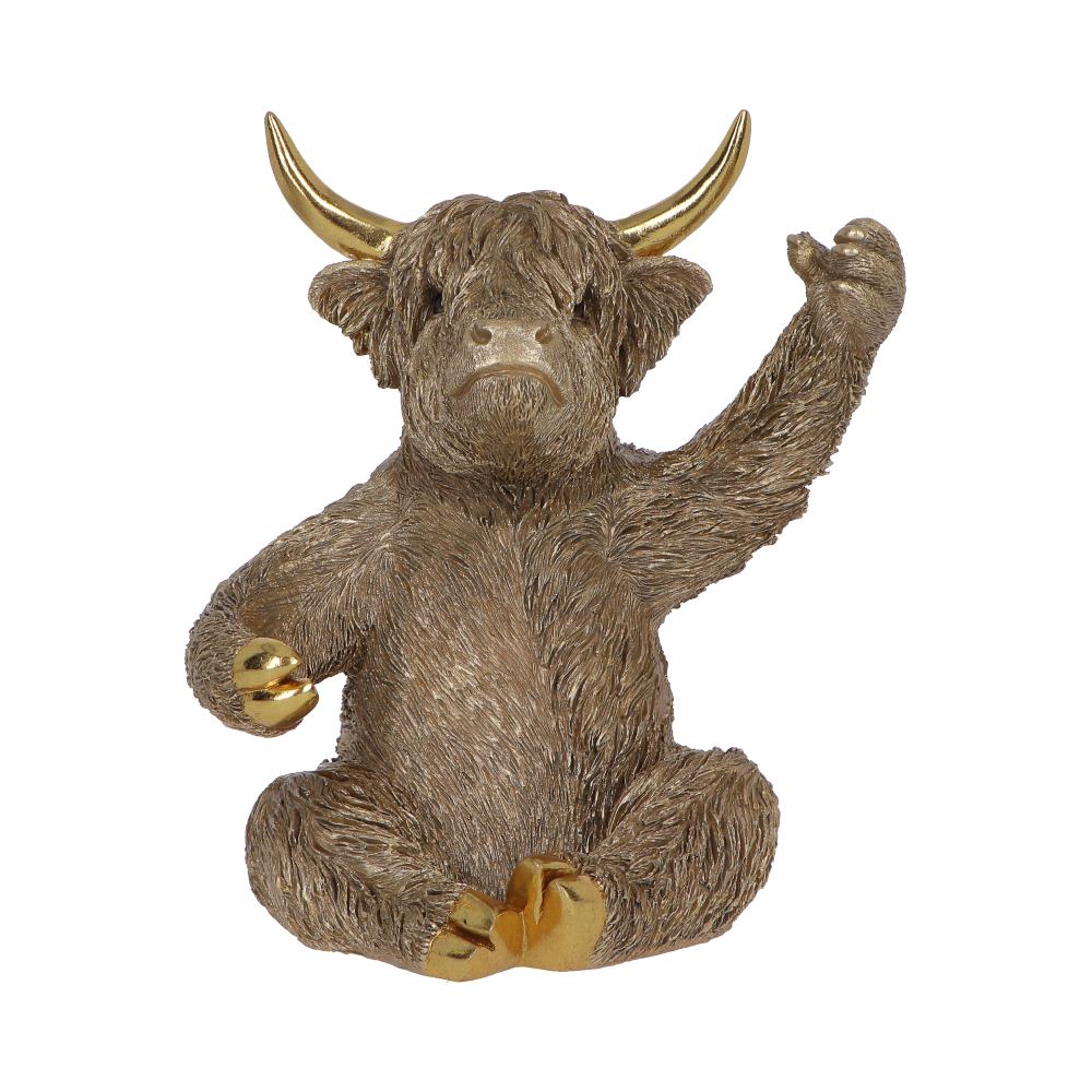 Gold Highland Cow wine bottle holder by Nemesis Now, 26.8cm tall, featuring a detailed gold-colored Highland cow sculpture holding a wine bottle.
