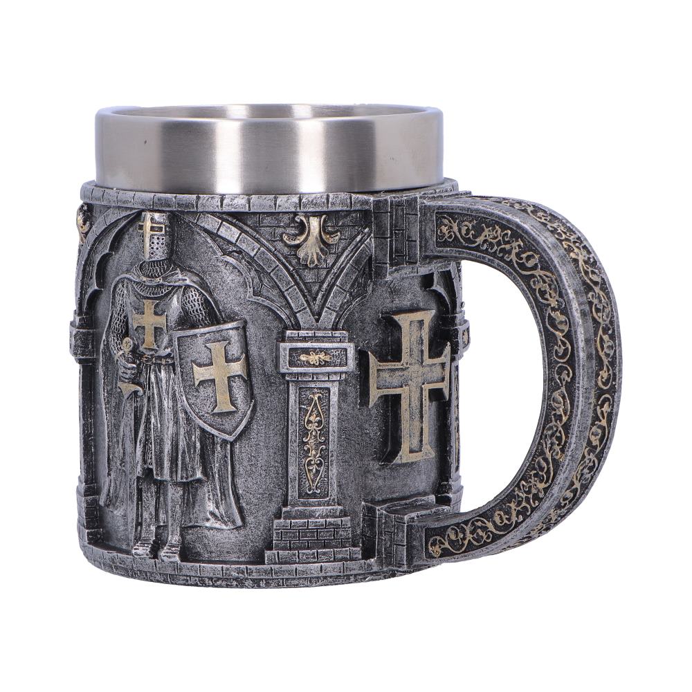 Small silver Knight in Shining Armour tankard by Nemesis Now, 11.3cm tall, with detailed knight design on the surface.