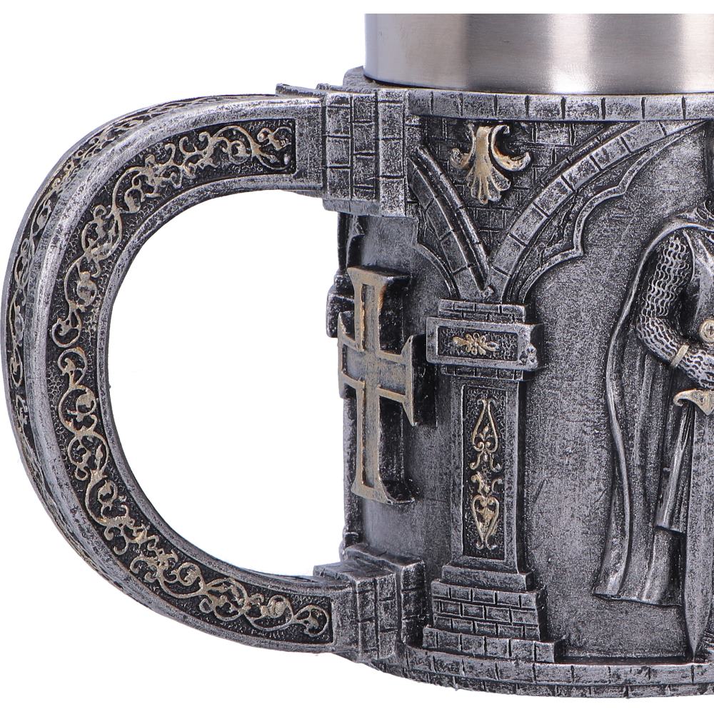 Small silver Knight in Shining Armour tankard by Nemesis Now, 11.3cm tall, featuring detailed knight design in shiny silver finish.
