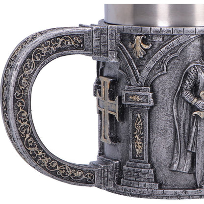 Small silver Knight in Shining Armour tankard by Nemesis Now, 11.3cm tall, featuring detailed knight design in shiny silver finish.
