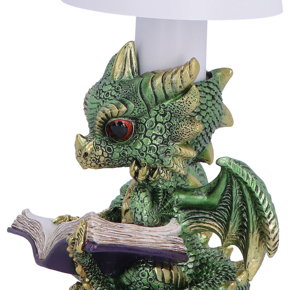 Nemesis Now Bookwyrm Lamp, 24.4cm tall, featuring a detailed dragon-themed lamp with intricate design and warm lighting.