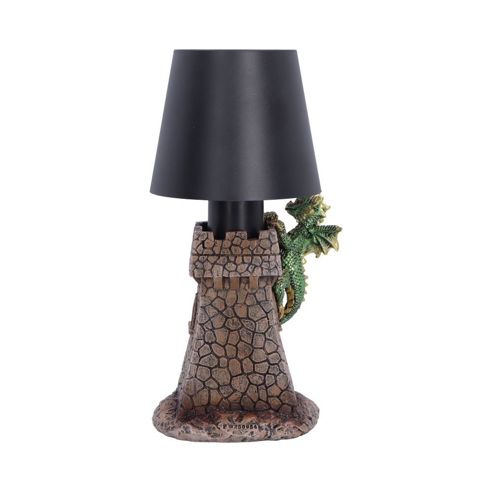 Nemesis Now Castle Keeper lamp standing 24.4cm tall, featuring intricate castle and knight design in detailed sculpture.