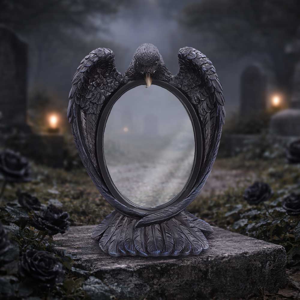 Nemesis Now Nevermore Reflection 30.2cm decorative mirror with intricate design, showcasing gothic-inspired artwork and craftsmanship.