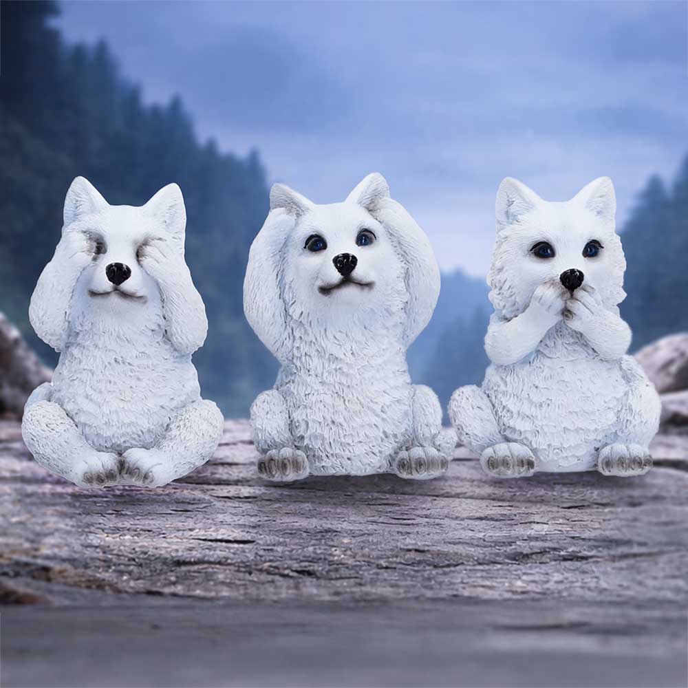 Three Wise Wolf Pups figurine by Nemesis Now, detailed 9cm sculpture of playful wolf pups in a natural setting.