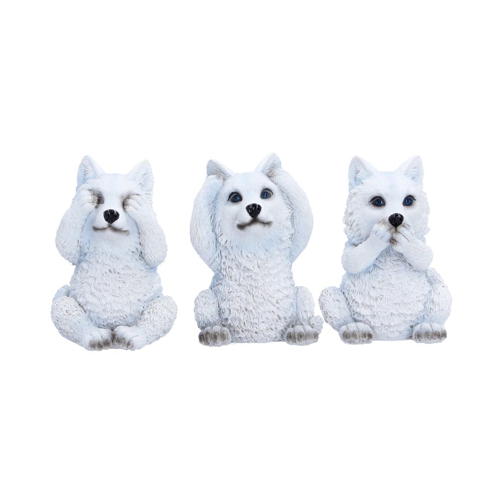Nine-centimeter Three Wise Wolf Pups figurine by Nemesis Now, detailed resin sculpture of playful wolf pups in natural poses.