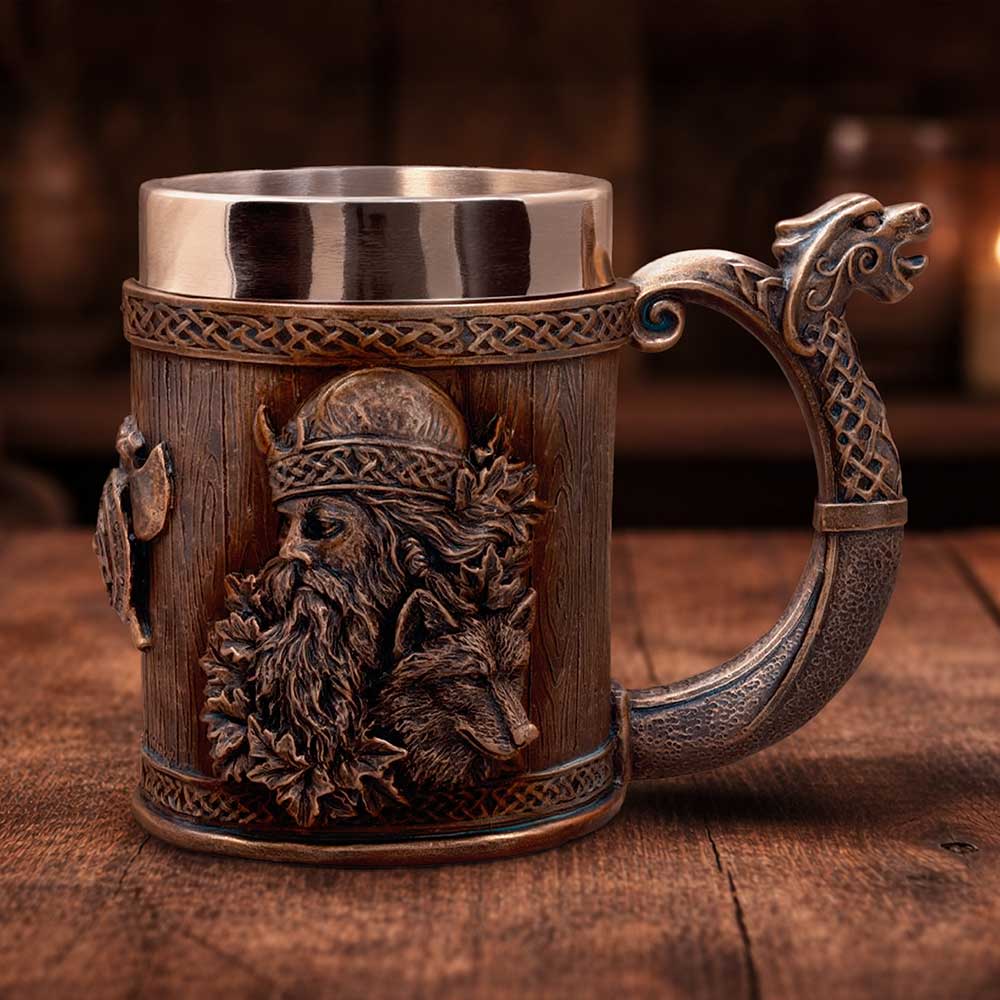 Small Til Valhalla tankard by Nemesis Now showing detailed Viking-inspired design in ceramic with a sturdy handle.