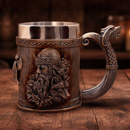 Small Til Valhalla tankard by Nemesis Now showing detailed Viking-inspired design in ceramic with a sturdy handle.