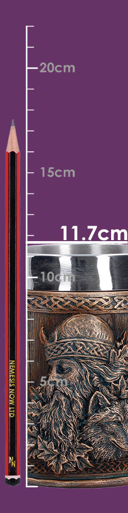 Small Til Valhalla tankard by Nemesis Now, 11.7cm tall, featuring detailed Viking-inspired design and sturdy ceramic construction.