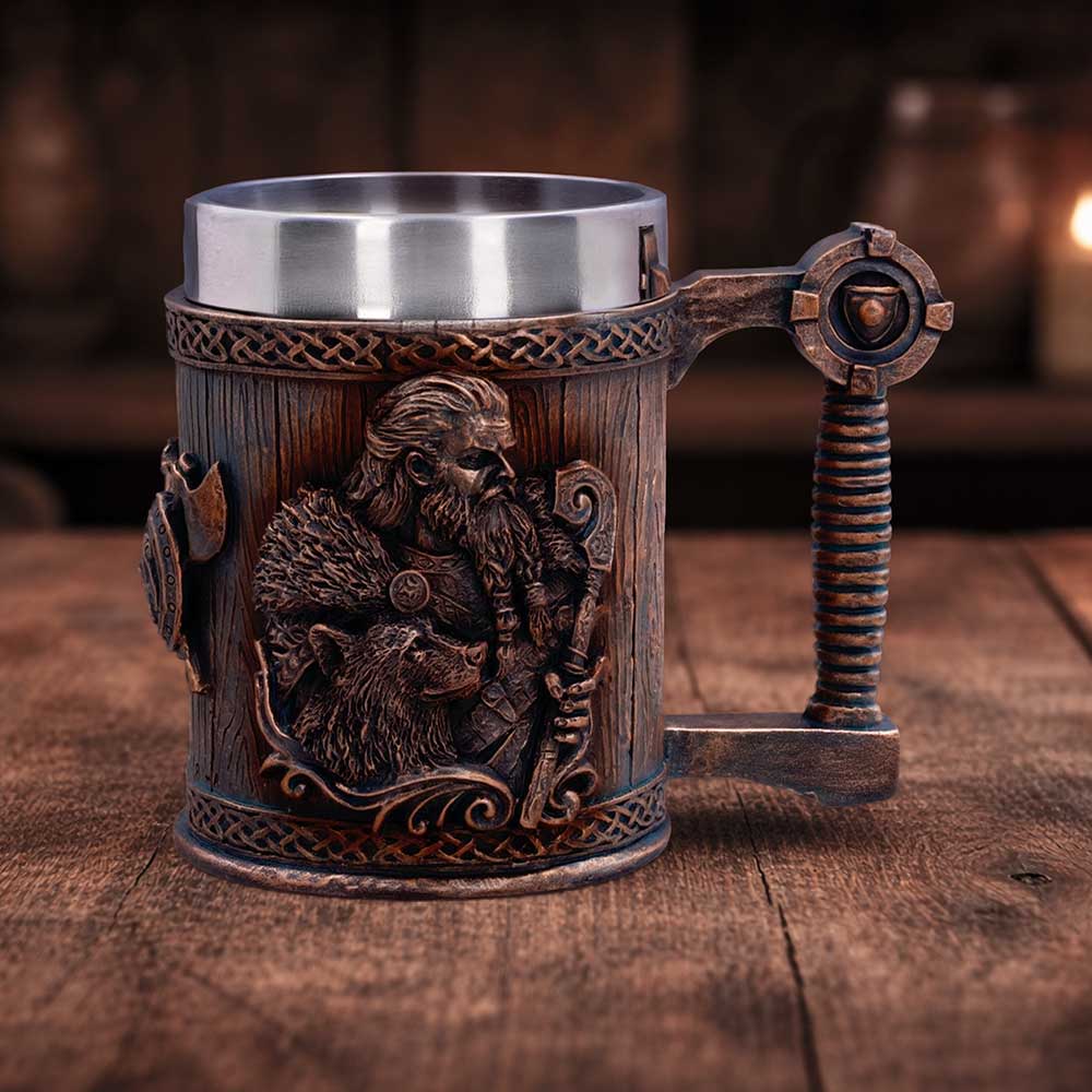 Small Nemesis Now For The Gods tankard, 12cm tall, with detailed design, made of ceramic or resin.